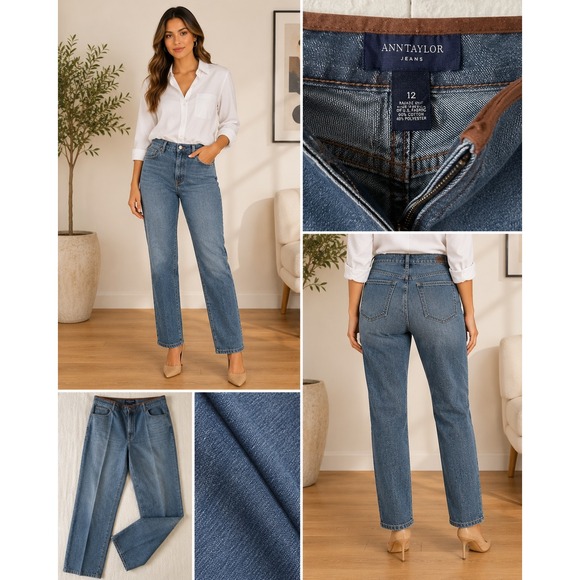 Ann Taylor Denim - Ann Taylor Jeans Womens 12 Blue Straight Leg Mid Rise Suede Trim Medium Wash